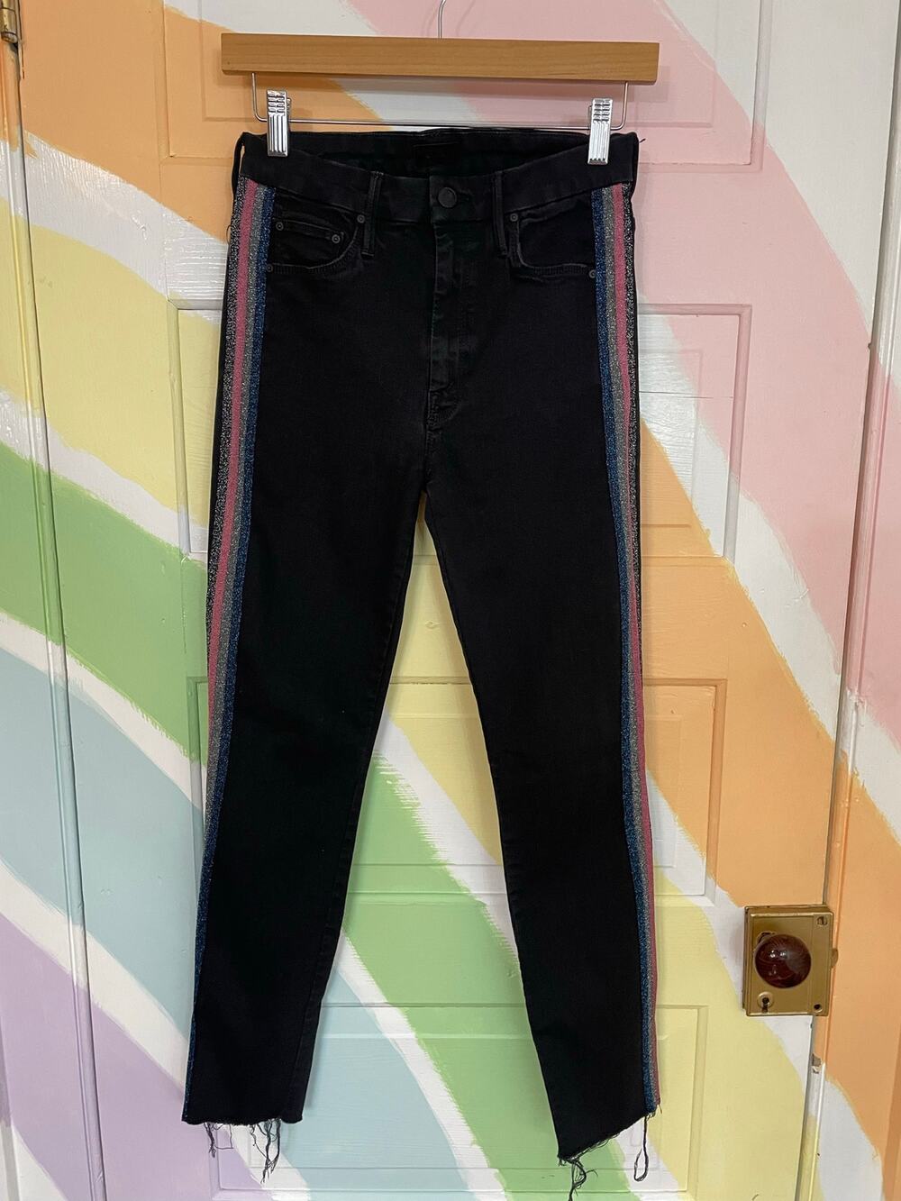 MOTHER Looker High Waist Ankle Fray Guilty Glitter Racer Jeans 26 Black